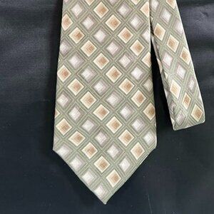 Men’s Pierre Cardin 100% Silk Tie – Moss Green with Tan & Cream Geometric Square